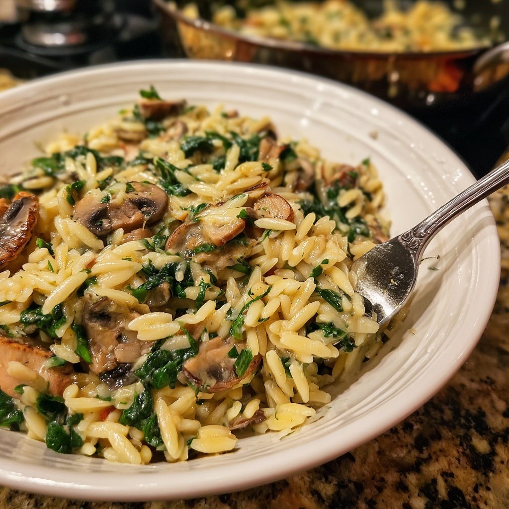 Romantic Creamy Spinach Mushroom Orzo